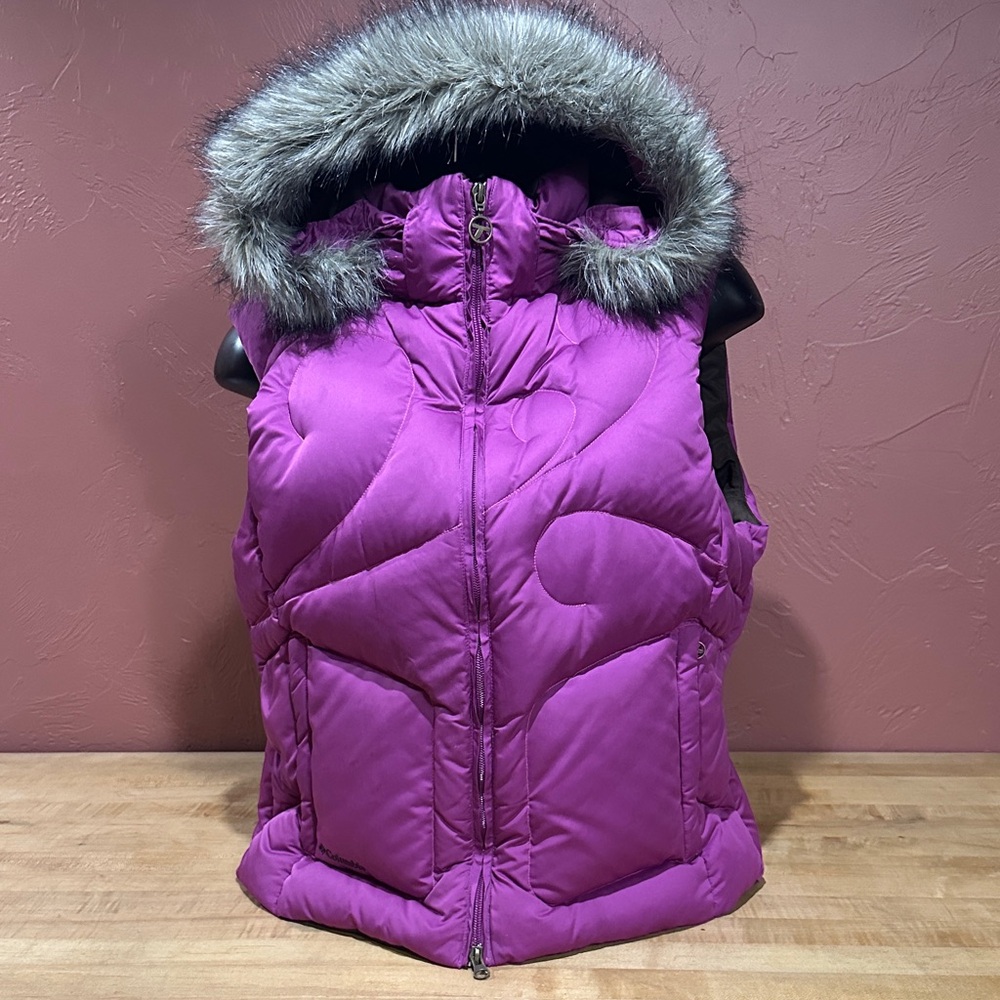 Columbia Magenta Puffer Vest with Faux Fur Hood